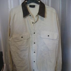 Vintage Kenar Studio Off White Button Down Shirt w/Brown Leather Collar Sz S